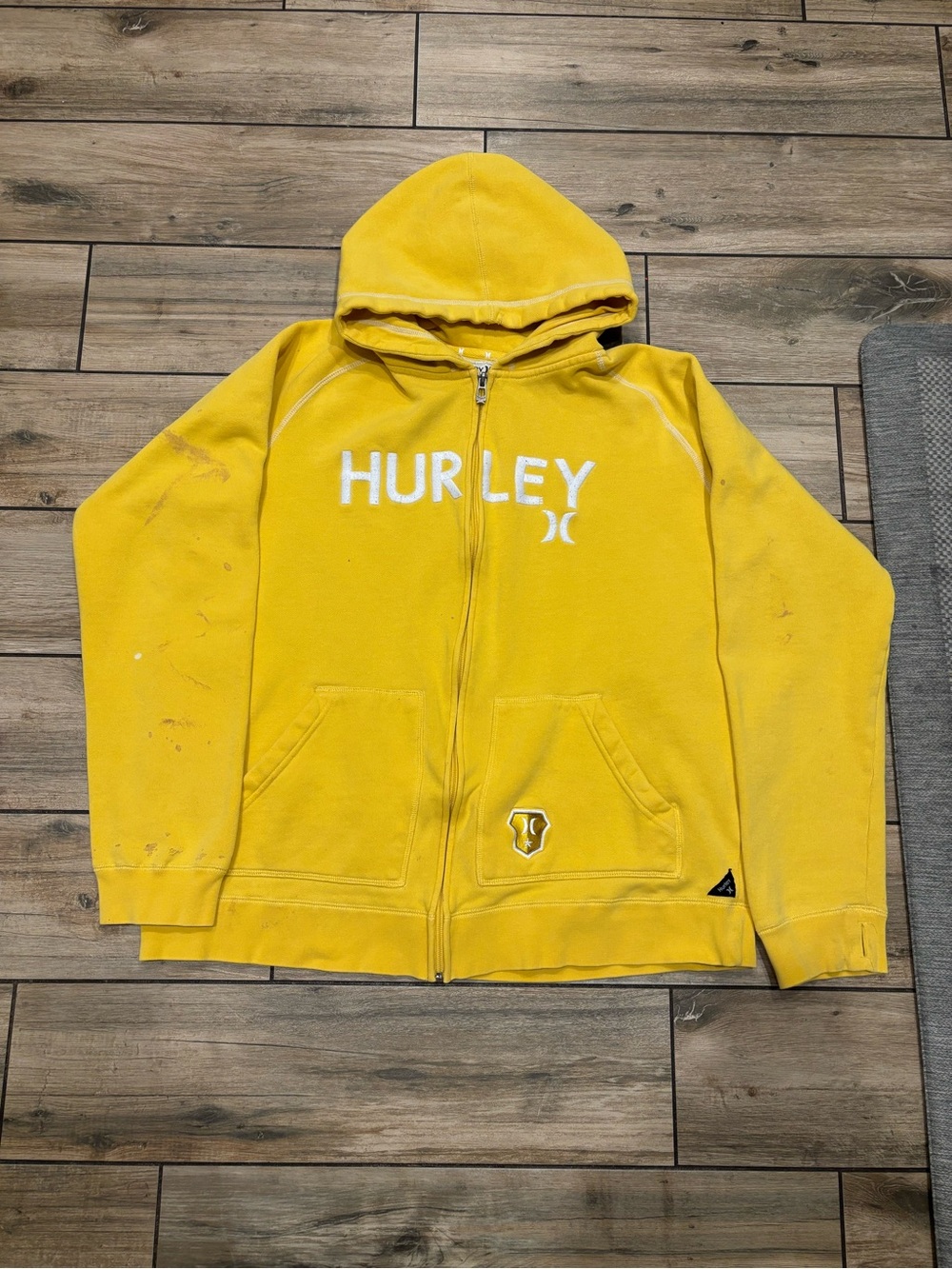 Vintage Hurley Spellout Zip Up Hoodie Yellow Distressed Thrashed Womens XL